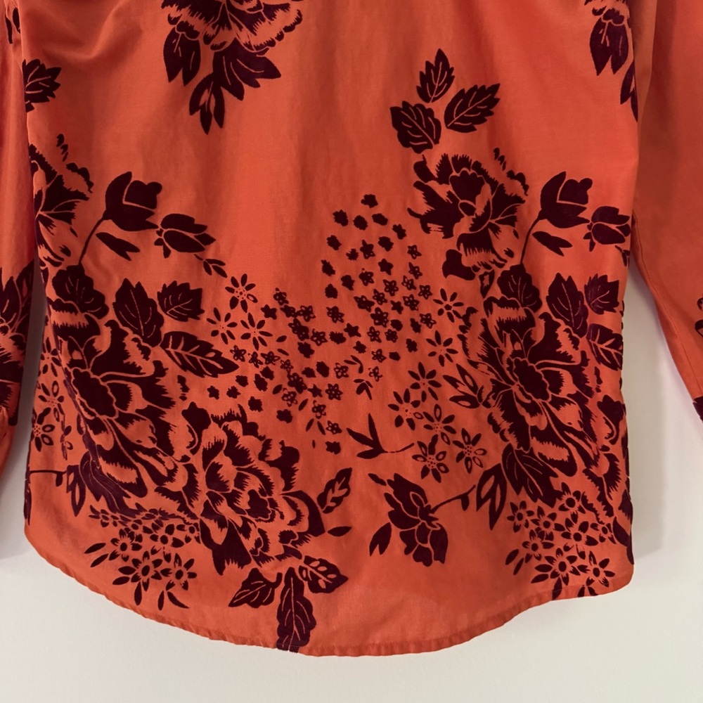 Sundance Velvet Vignette Long Sleeve Button Shirt, Orange w/Burgundy Floral, S - Picture 13 of 13